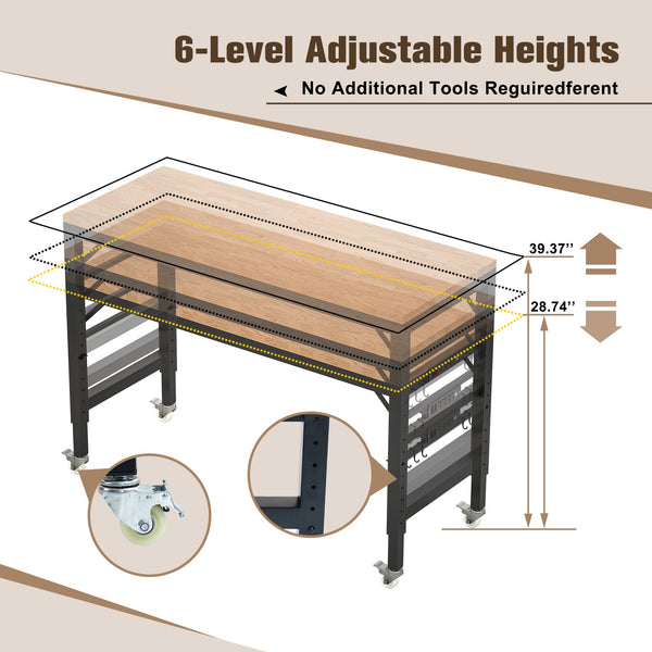 60 inch adjustable garage workbench, rubber wood heavy-duty workstation with power socket and wheels, 2000 pound load capacity
