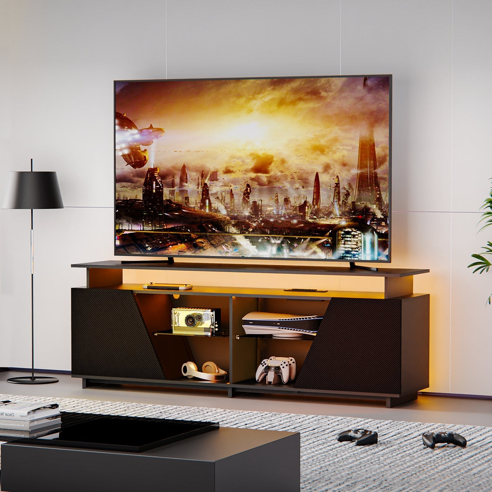 Gaming TV Stand for PS5 with Power Outlet,for TVs 75 inch and Below,LED Entertainment Center,Suitable for Living Room,Bedroom V.I.P Digital Presence