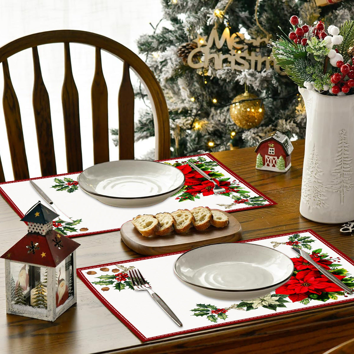 Christmas Red Flower Meal Mat Flower Pinecone Printed Table Mat Holiday Table Insulation Mat