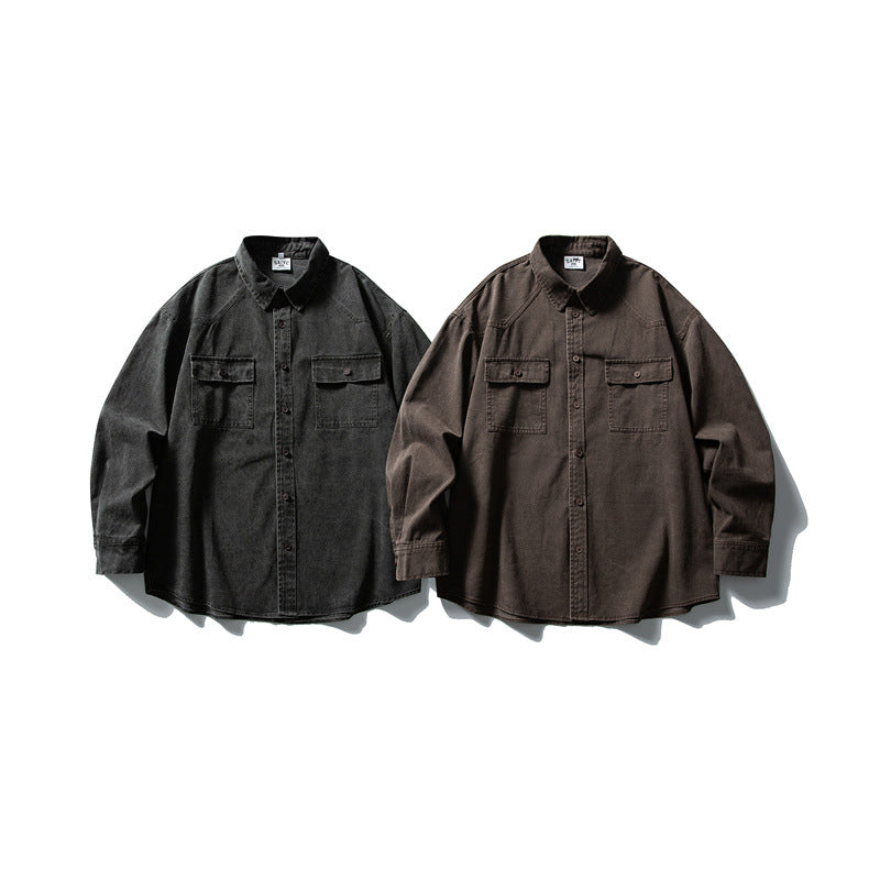 Used washed casual loose long sleeved shirt jacket men's workwear shirt