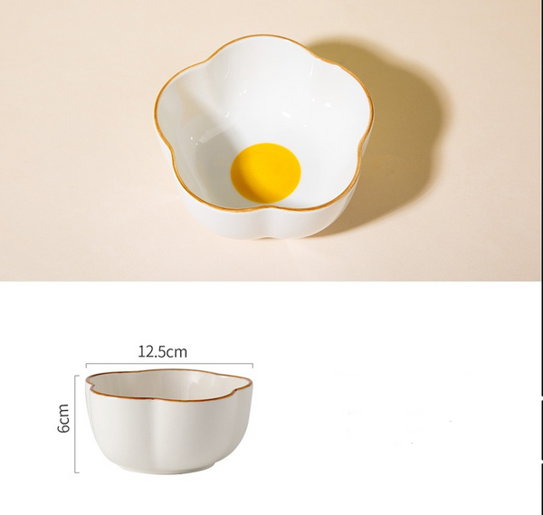 Creative Sun Egg Ceramic Bowl and Dish Set Cute Rice Bowl, Plate, Handle, Plate, Tableware, Home Breakfast Soup Plate