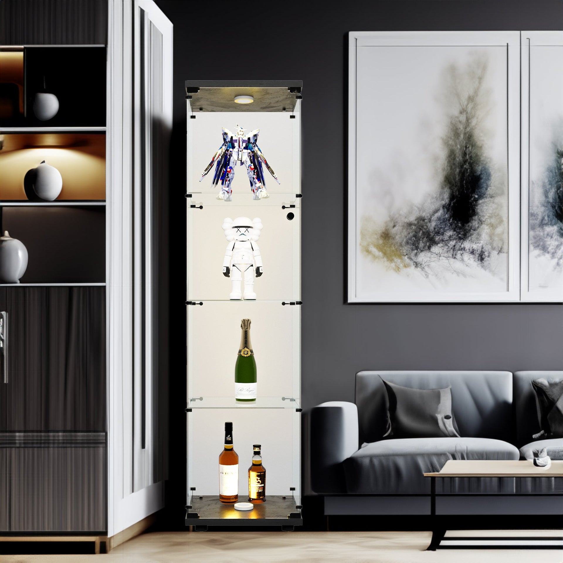 4 LED light glass display cabinets with door shelves, floor standing antique bookshelf, 64.7 