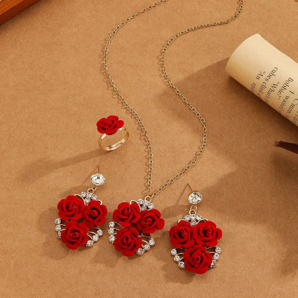 4pcs/Set Romantic Lovely Red Rose Flower Inlaid Rhinestone Pendant Necklaces+Dangle Earrings+Ring，For Women Valentine'S Day Gift