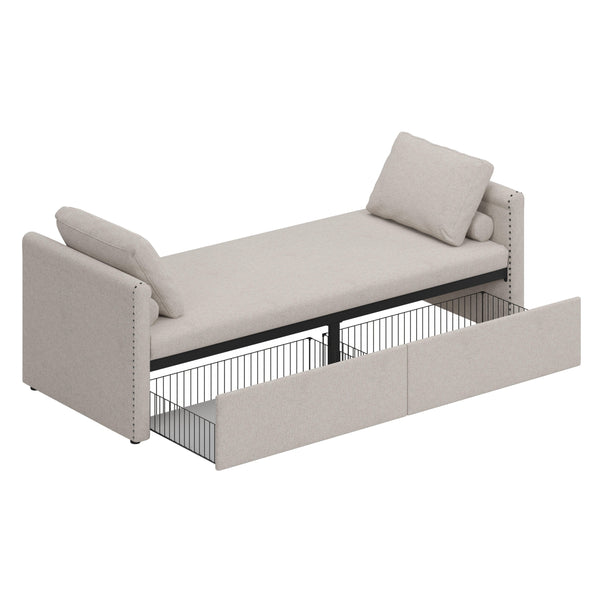 Modern cushioned lounge chair sofa bed with 2 drawers, small single sofa bed without mattress, linen, beige