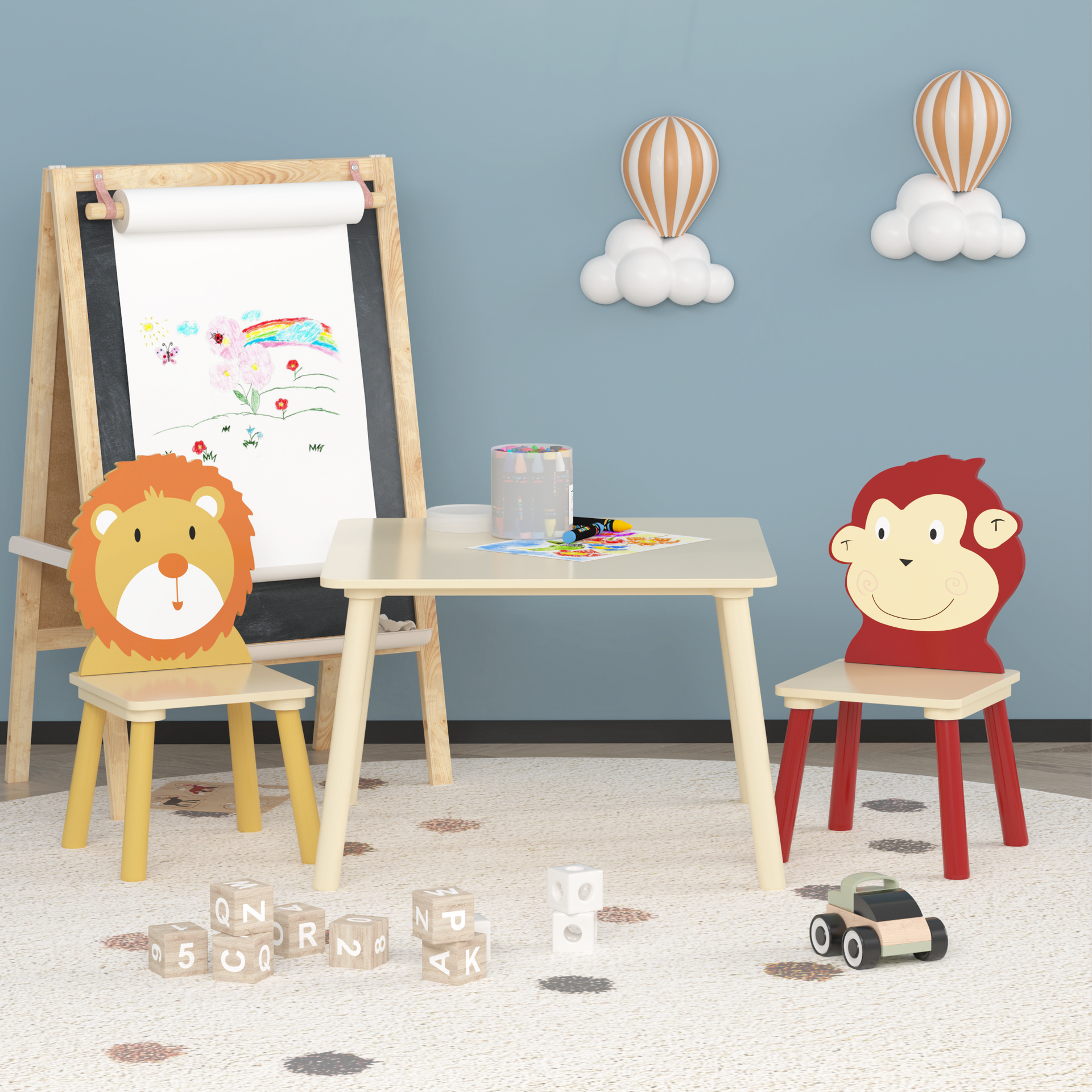Kids Table and 2 Chairs Set 3 Pieces Toddler Table and Chair Set Wooden Activity Play Table Set (Lion&Monkey)