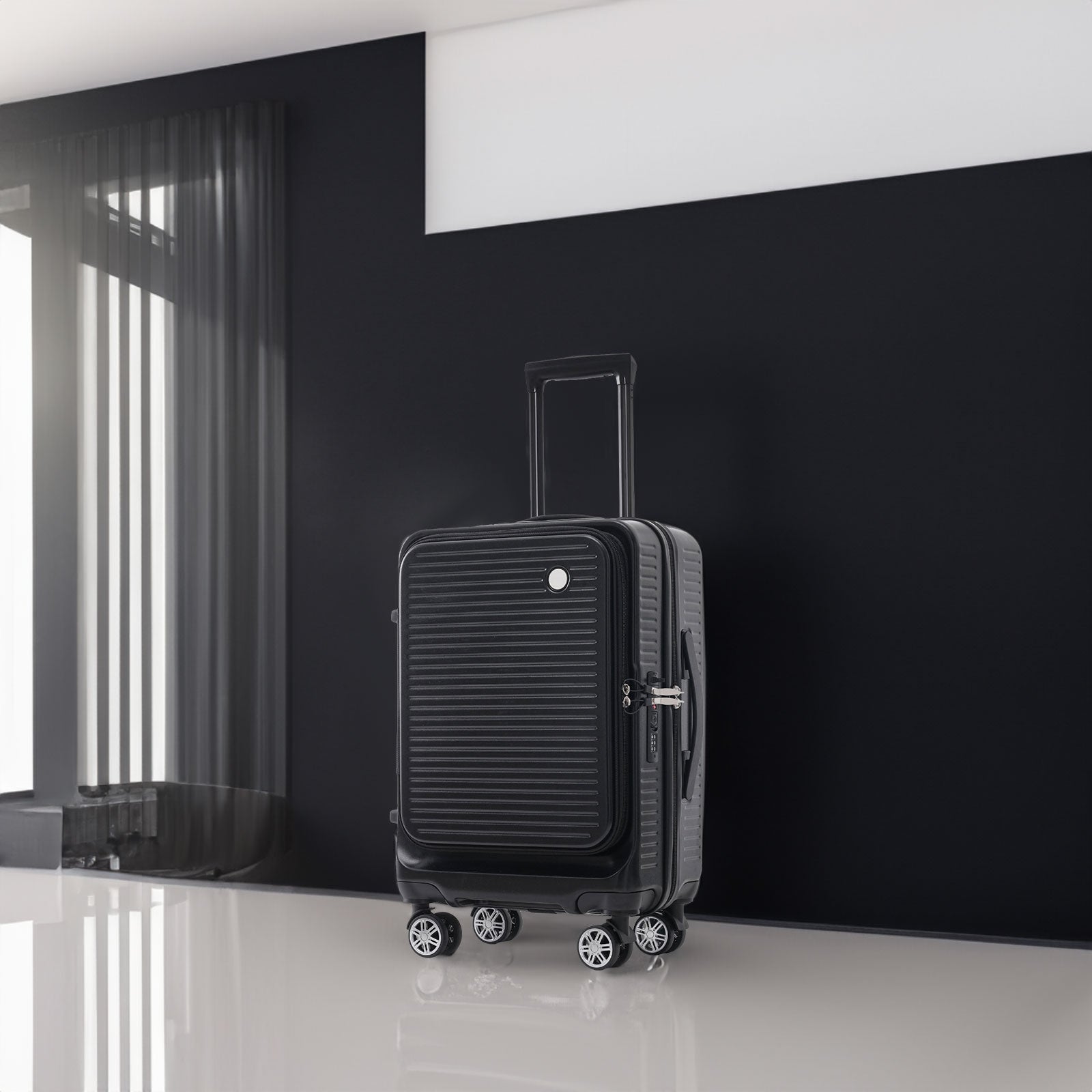 Carry-on Luggage 20 Inch Front Open Luggage Lightweight Suitcase with Front Pocket and USB Port, 1 Portable Carrying Case Black