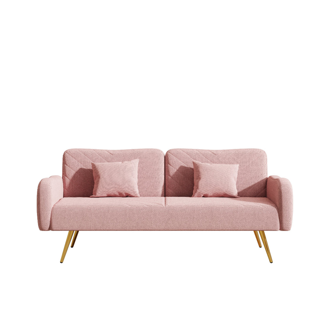 Pink sofa with gold legs on a white background