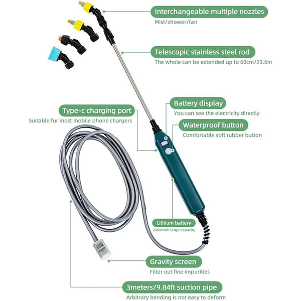 2400mAh Portable Electric Sprayer Wand. 3 nozzles, high - pressure, for garden plant watering.