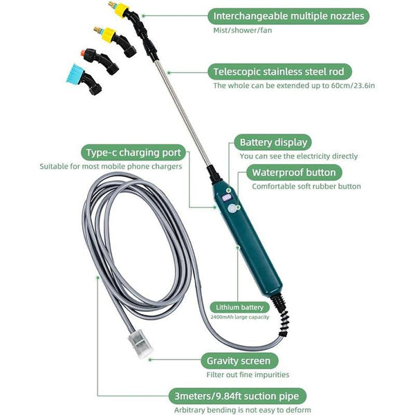 2400mAh Portable Electric Sprayer Wand. 3 nozzles, high - pressure, for garden plant watering.