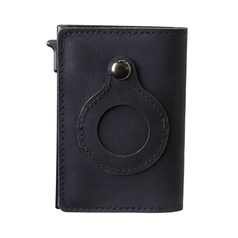 Leather Sliding Wallet Bi-Fold Credit Card Wallet Automatic Pop-Up Card Holder With Air Tag Protective Sleeve