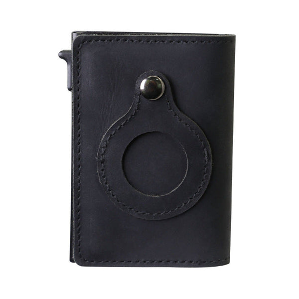 Leather Sliding Wallet Bi-Fold Credit Card Wallet Automatic Pop-Up Card Holder With Air Tag Protective Sleeve