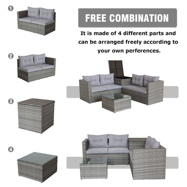 4 Piece Patio Sectional Wicker Rattan Outdoor Furniture Sofa Set with Storage Box Grey