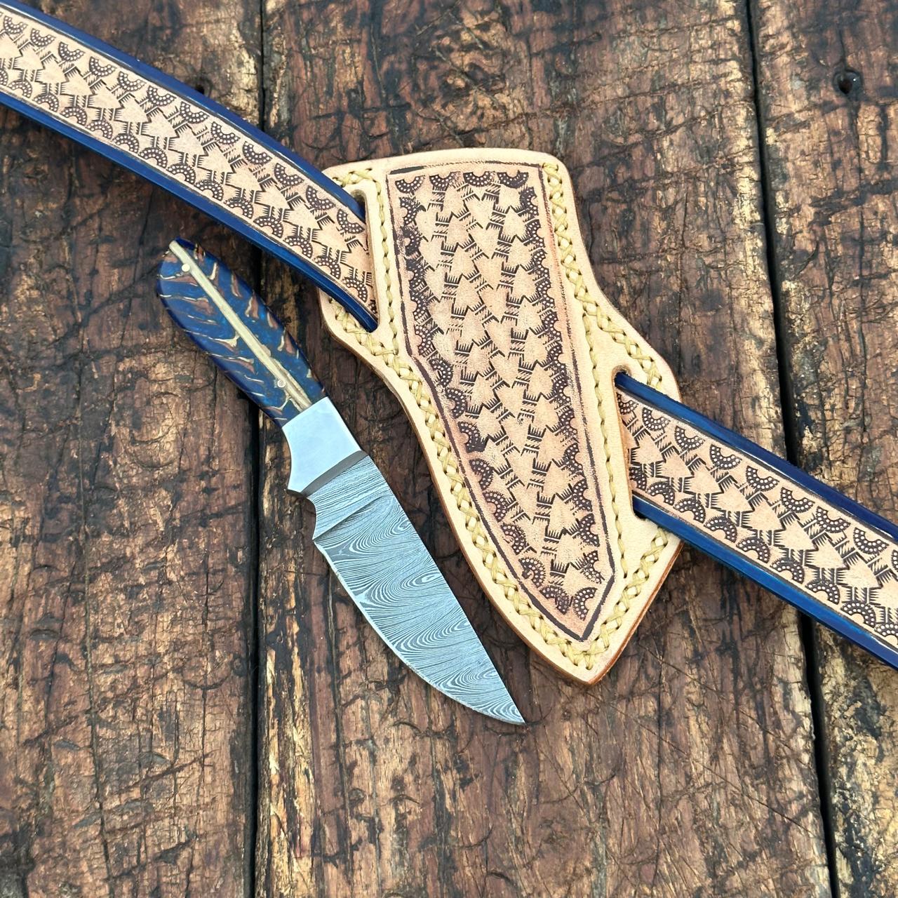 Damascus Skinner Knife with Handtooled Sheath & Belt