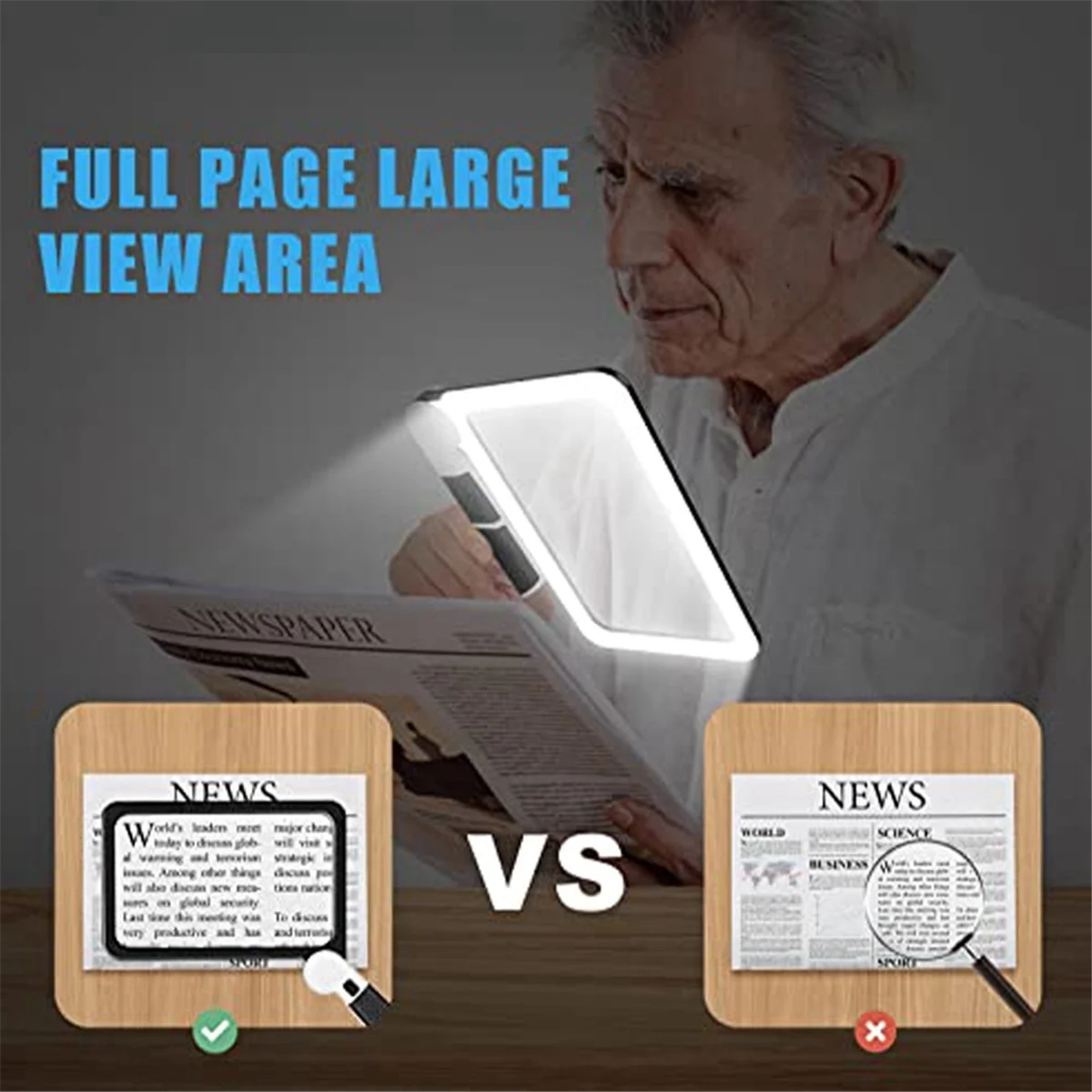 Full-Page 5X Magnifying Glass for Reading, Folding Lighted Magnifier with 48 LED Lights, Rectangular Handhold Magnifier