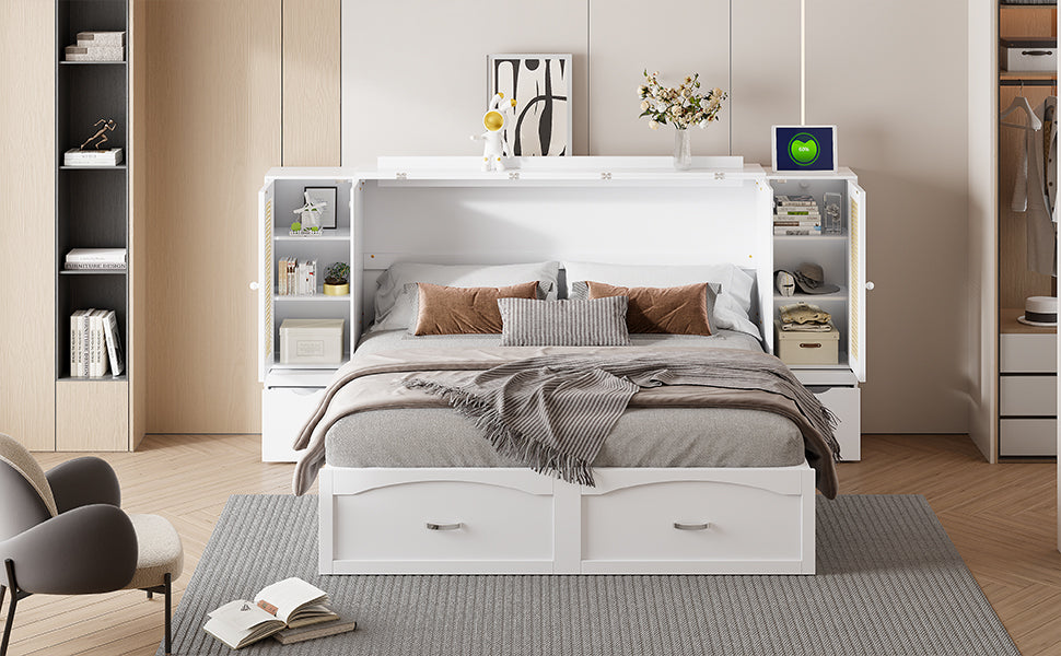 Large Murphy bed wall mounted bed with drawers, 2 storage cabinets, 1 set of sockets and USB ports, white