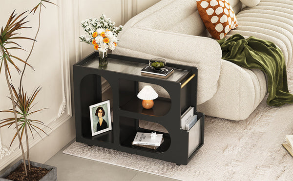Stylish mobile desk with lockable wheels,bedside table with 5mm thick grooved tempered glass and gold round bars ，black