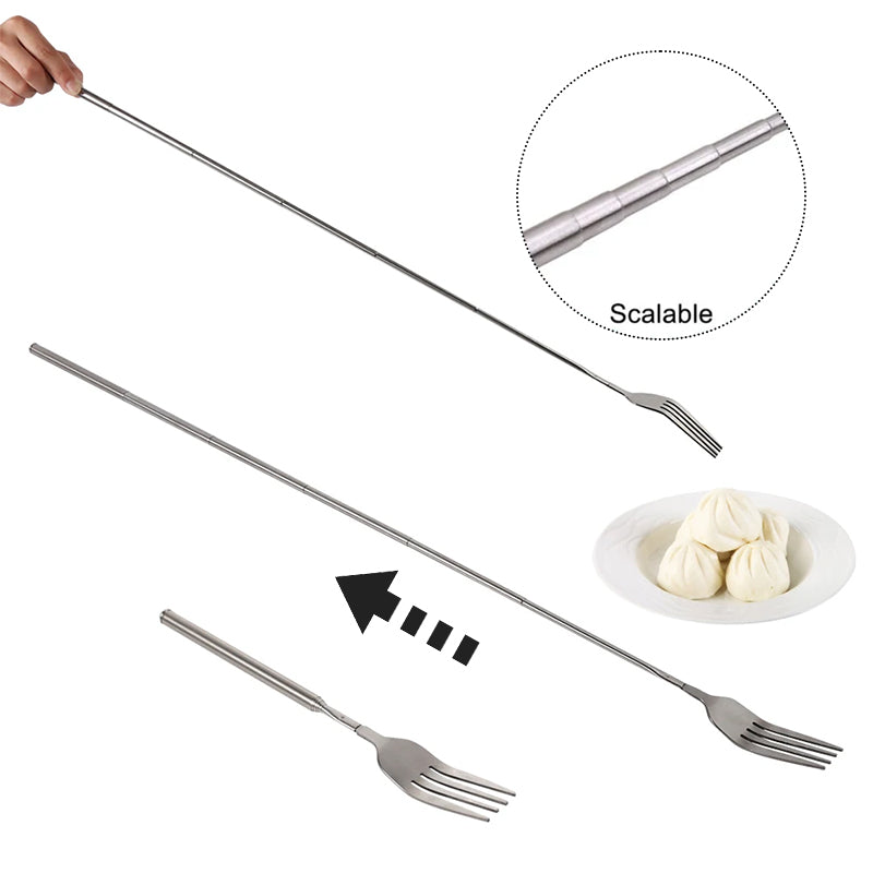 Stainless Steel Telescopic Long-Handle Fork for Barbecue, Dinner, Fruits and Desserts