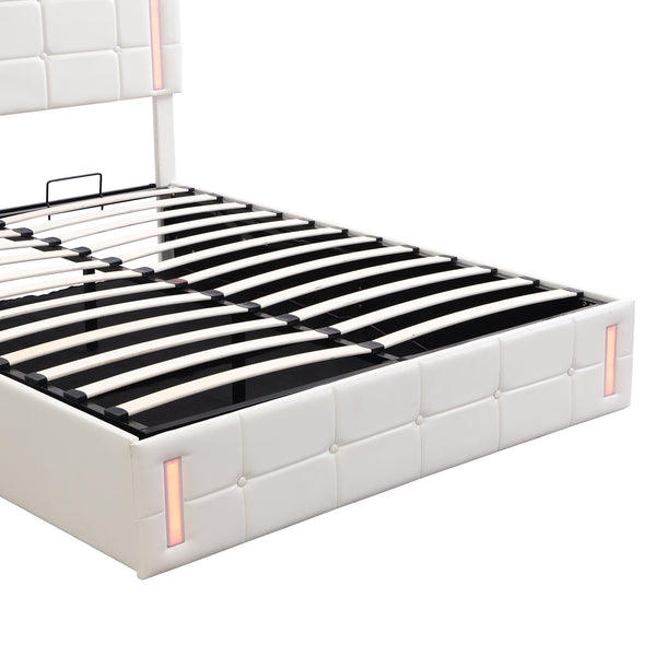 Queen Size Upholstered Bed with LED Lights,Hydraulic Storage System and USB Charging Station,White V.I.P Digital Presence