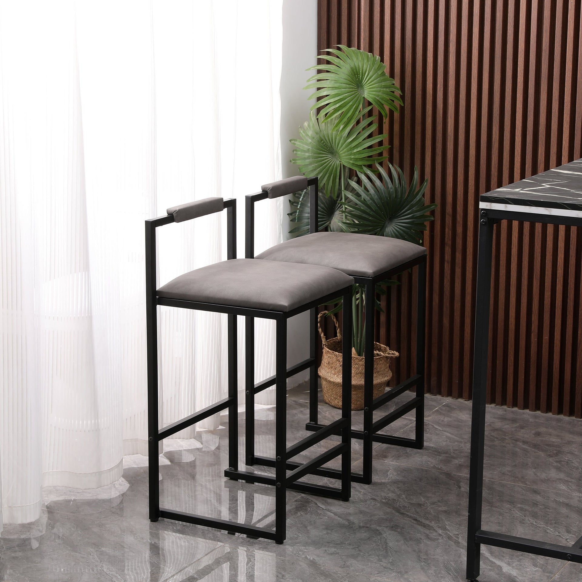 Set of 2 Counter Height Barstools Kitchen Island Stools (Gray with Back)