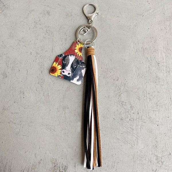Handmade Popular Jewelry Western Farm Style Leather Keychain Cow Horse Deer Cow Brand Leather Tassels