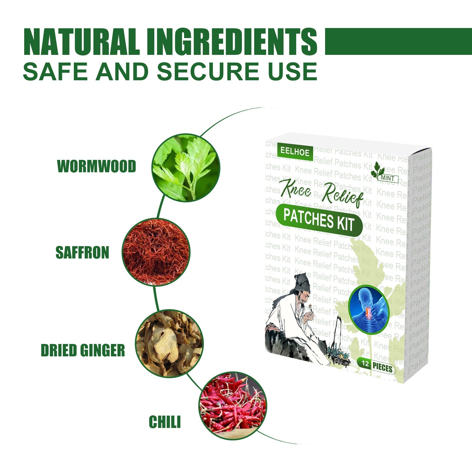 Knee Relief Patches Kit, Maintenance Knee Joint Lumbar Pain Relief Pain Plaster Wormwood Patch