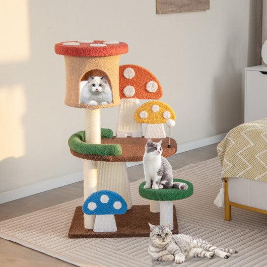 Patended 4-In-1 Mushroom Cat Tree with Condo Spring Ball and Sisal Posts-Multicolor