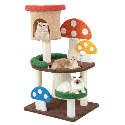 Patended 4-In-1 Mushroom Cat Tree with Condo Spring Ball and Sisal Posts-Multicolor