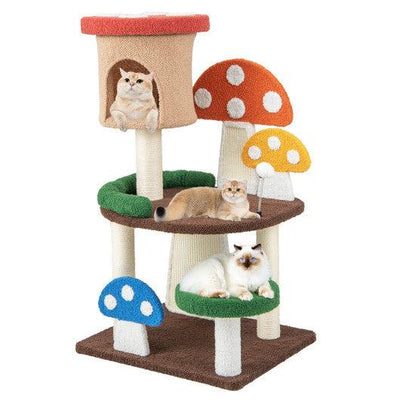 Patended 4-In-1 Mushroom Cat Tree with Condo Spring Ball and Sisal Posts-Multicolor
