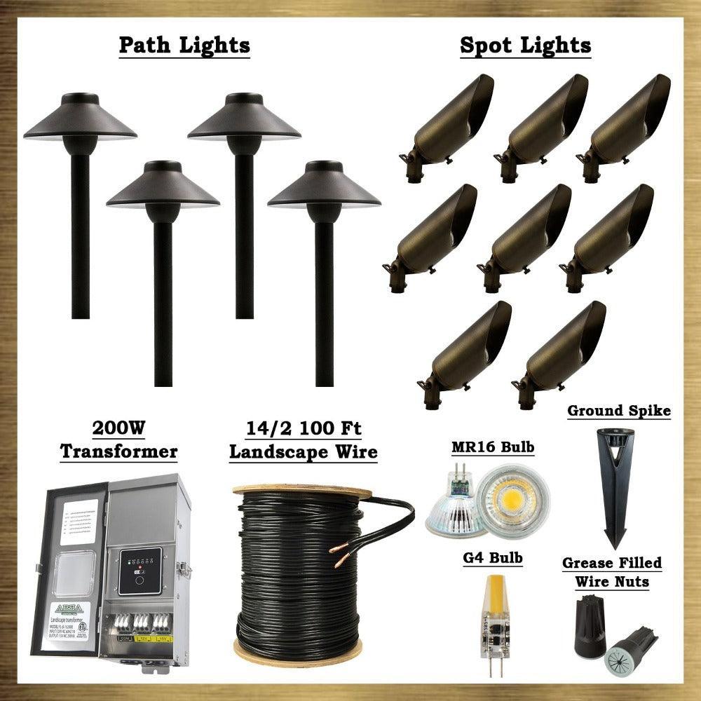 Dark Brass LED Connoisseur Kit: (8) SPB04 Spot Lights, (4) PLB02 Path Lights