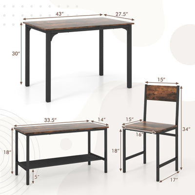 4 Pieces Rustic Dining Table Set with 2 Chairs and Bench-Rustic Brown