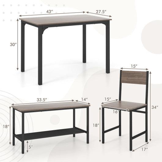 4 Pieces Rustic Dining Table Set with 2 Chairs and Bench-Gray