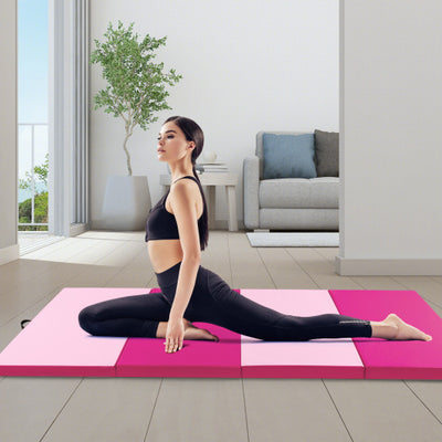 4-Panel PU Leather Folding Exercise Mat with Carrying Handles-Hot Pink