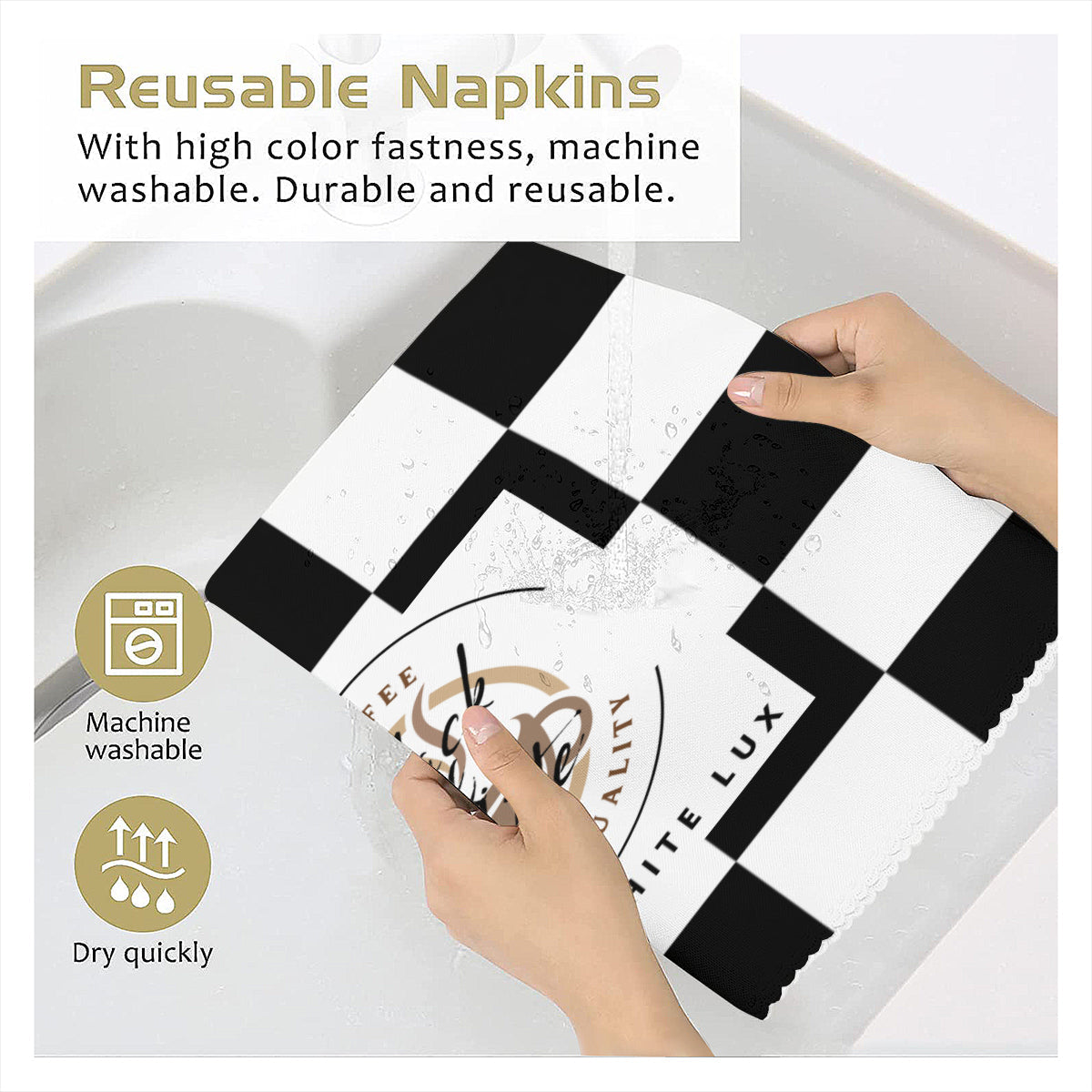 Personalized Black and White Coffee Napkins – Reusable Cloth Napkins for Café or Home Use