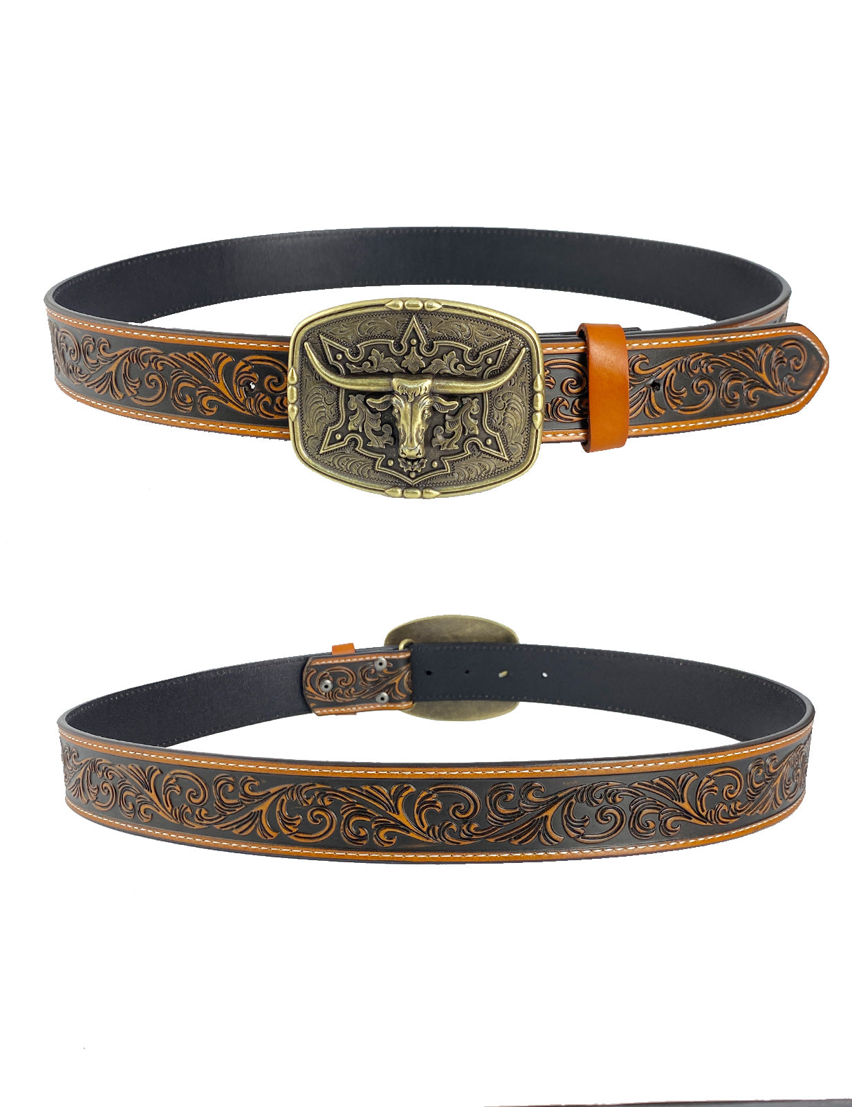 TOPACC Western Genuine Leather Pattern Tooled Belt-Pattern Longhorn Cow Belt Buckle Copper/Bronze