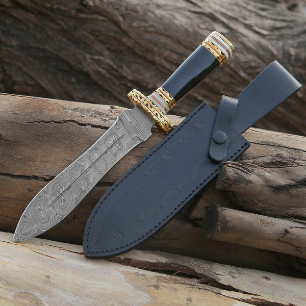 Heartless Edge Damascus Fixed Blade Knife with Horn Handle & Sheath - Gifts for You 'n Me