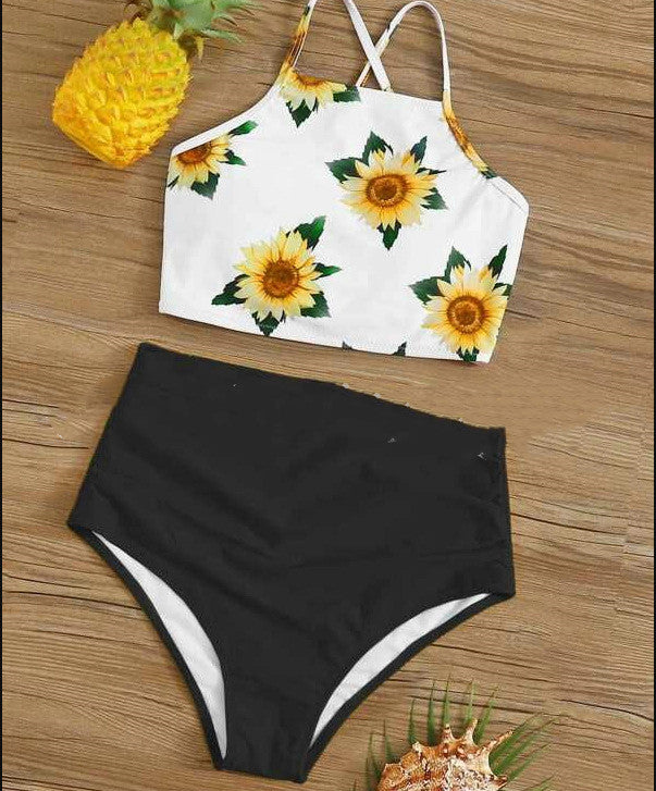 High Waist Bikini Sunflower Swimsuit Women Bikini Floral Swimsuit Floral Crop Tie Knot Front High Waist Bikini Set Two Piece Swimsuit For Women  Summer High Waisted Bathing Suit
