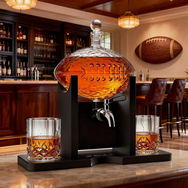The Wine Savant Football Gifts for Men Dad - Decanter with Mahogany Holder Field Goal Holder + 4 Glasses & Footballs Chillers - Birthday Bar from Daughter Son, Retirement, Father, Him Brother