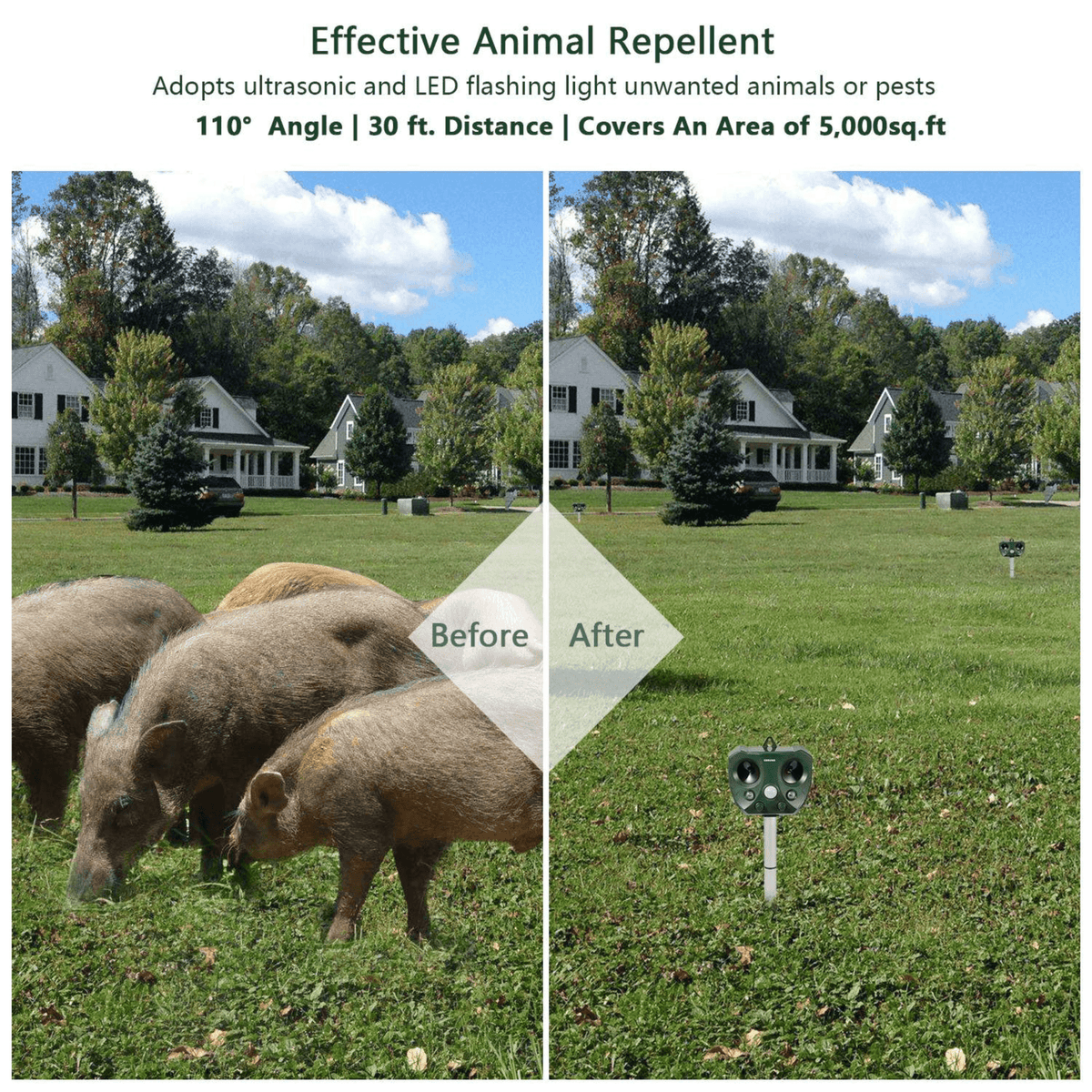 Ultrasonic Animal Repeller Solar Powered Repellent with Motion Sensor LED Flashing Lights IPX6 Waterproof Outdoor for Farm Garden Yard