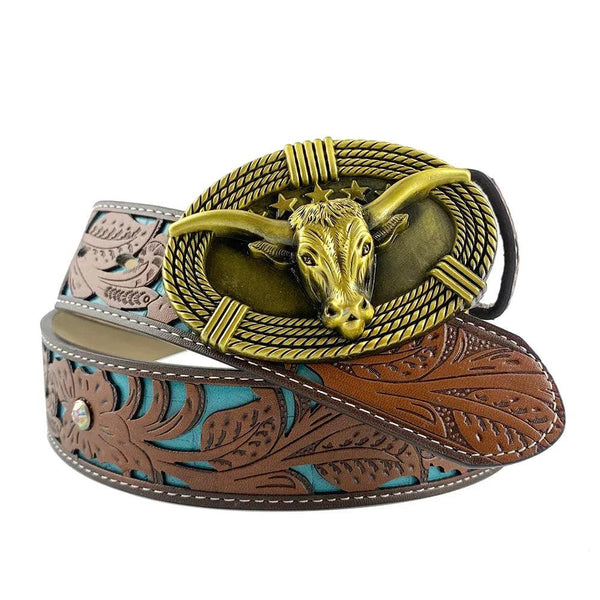 TOPACC Western Turquoise Belts - Cute Longhorn Cow Belt Buckle Copper/Bronze - Gifts for You 'n Me
