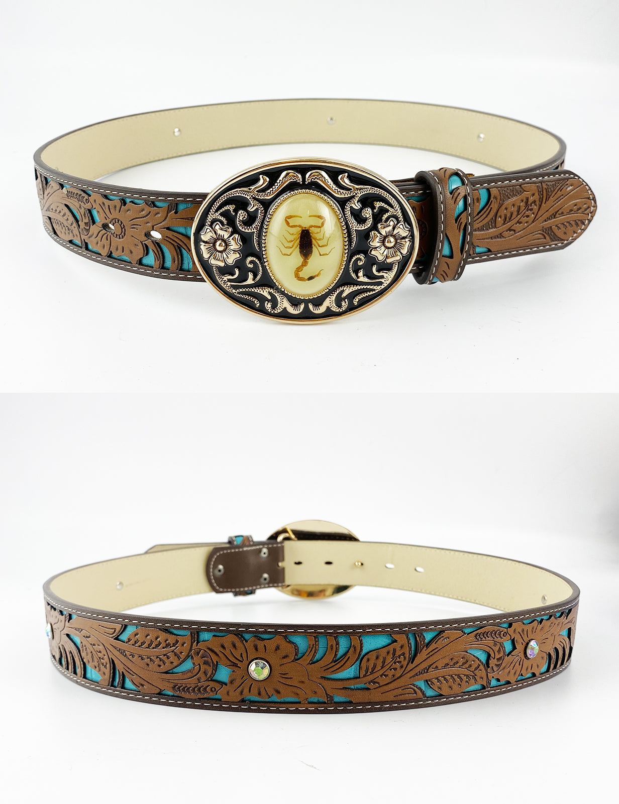 TOPACC Western Turquoise Belts -  Luminous Stone 3D Scorpion Belt Buckle Copper/Bronze