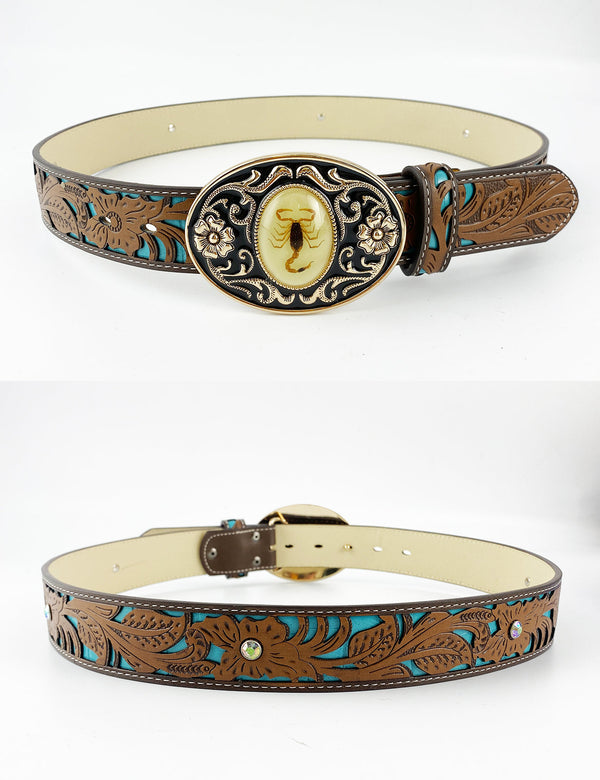 TOPACC Western Turquoise Belts -  Luminous Stone 3D Scorpion Belt Buckle Copper/Bronze
