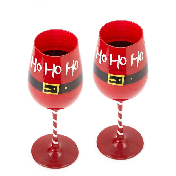 Ho Ho Ho Santa's Christmas Stemmed Wine & Water Glasses - Set of 2 - HoHoHo, Red & Black, 9