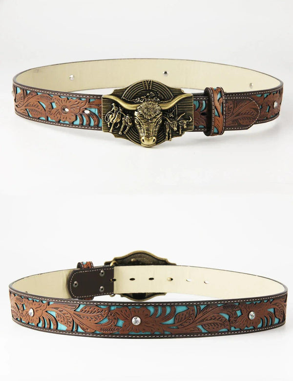 TOPACC Western Turquoise Belts - Longhorn Cow Belt Buckle Horseback Riding Copper/Bronze - Gifts for You 'n Me