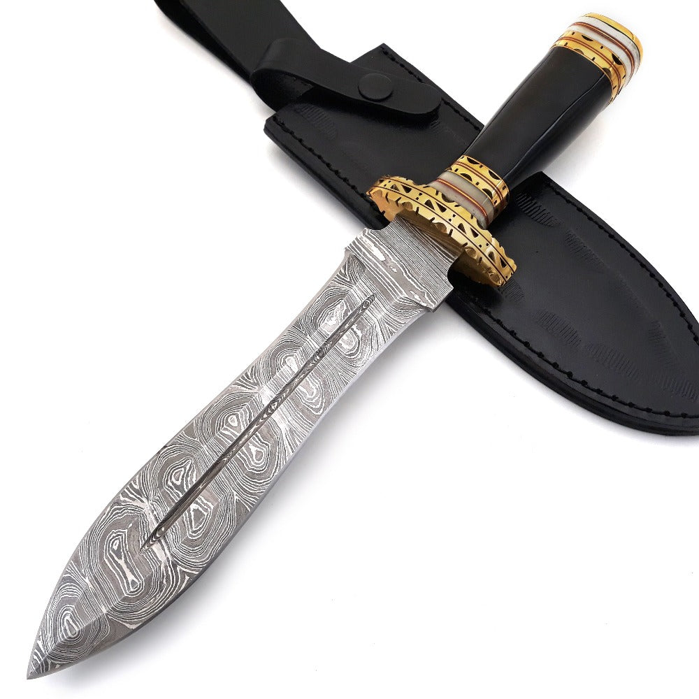 Heartless Edge Damascus Fixed Blade Knife with Horn Handle & Sheath