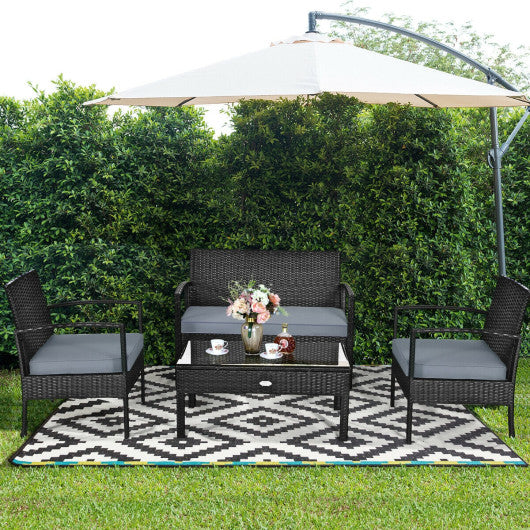 4 Pieces Patio Rattan Cushioned Furniture Set-Gray