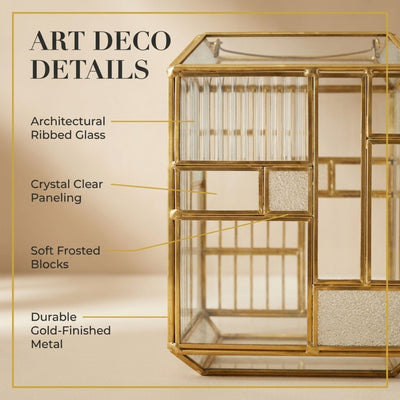 Gold Candle Holder - Modern Glass Metal Lantern for Pillar Candles Indoor & Outdoor Decor