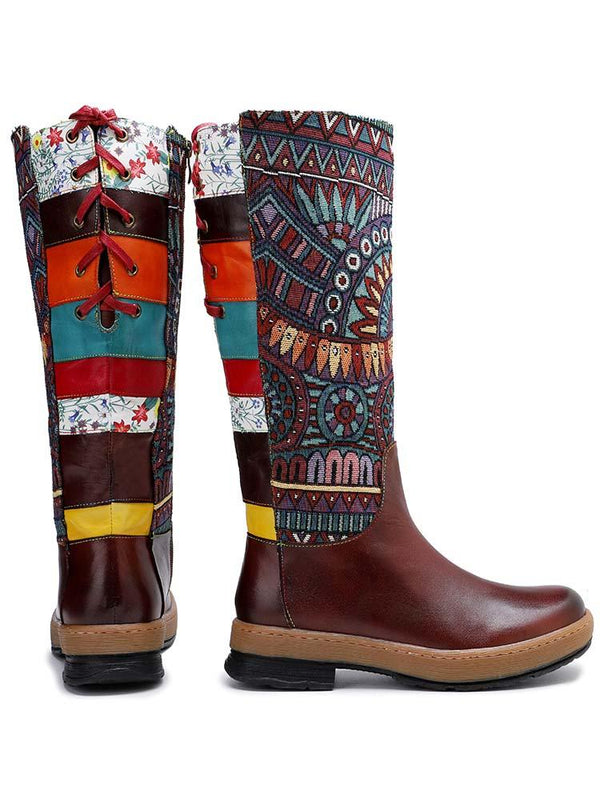 Bohemian Leather Splicing Pattern High Tube Boots