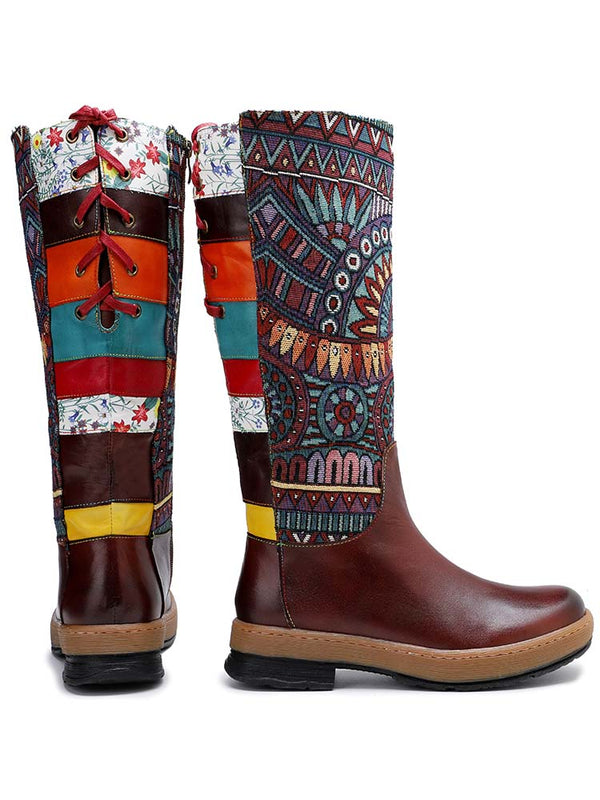 Bohemian Leather Splicing Pattern High Tube Boots