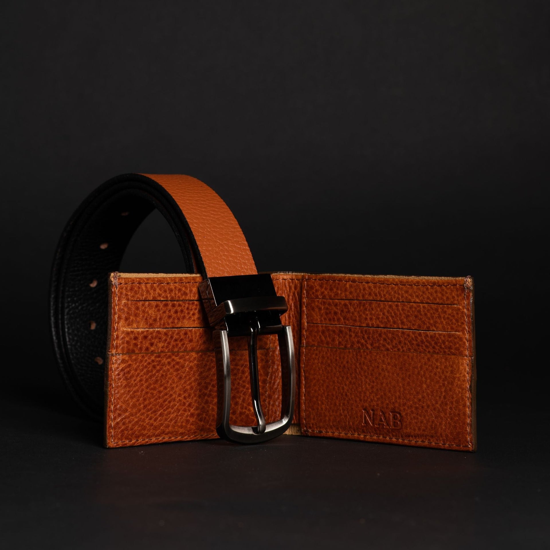 Harvey Dent One Piece Reversible Leather Belt + Maverick Wallet Set - Tan NAB Leather