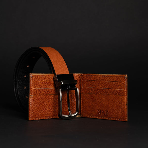 Harvey Dent One Piece Reversible Leather Belt + Maverick Wallet Set - Tan NAB Leather